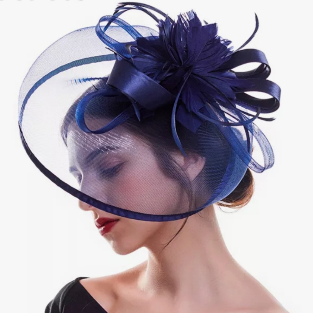 Pretty Navy Fascinator Kentucky Derby, Tea, Church, Brunch. Wedding